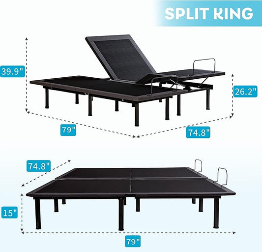 Split King Adjustable Bed Frame with 14 inch Cooling Copper Memory Foam Mattress, Wireless Remote & Head and Foot Incline, CertiPUR-US Certified & Fiberglass Free, Zero Gravity, 80" × 76"
