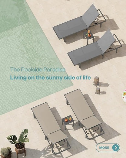 Pool Lounge Chairs, Chaise Lounge Outdoor with Wheels and 5-Position Recliner -Easy to Move- Aluminum Patio Lounge Chair for Poolside, Deck (Khaki)