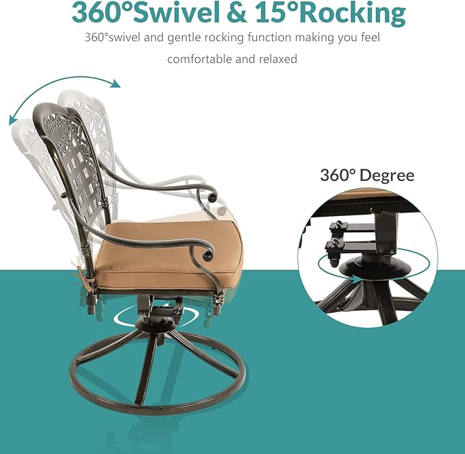 MEETWARM 9-Piece Outdoor Patio Dining Set, All-Weather Cast Aluminum Patio Conversation Set with 8 Cushioned Swivel Rocker Chairs for Backyard Garden Deck, 1 Oval Table, 2" Umbrella Hole