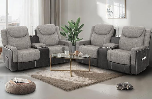 Loveseat Recliner Sofa Set, Manual Reclining Loveseat Sofa with Reading Light, Storage Console, Cup Holders, USB Ports, Grey Linen-Blend Fabric & PU Leather, Living Room Furniture Set