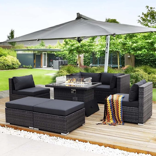 NICESOUL 29.3'' High Backrest Patio Furniture Set with Firepit Table Gas/Propane, Heavy Duty Deep Seating Outdoor Sectional Sofa Sets, 6 Seater Modern Luxury Extra Large Wicker Conversations, Gray
