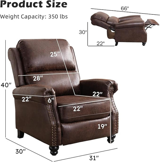 Push Back Recliner Chair Faux Leather Lounge Armchair with Rivet Decoration Wingback Single Sofa Chair with Padded Seat Solid Wood Legs for Living Room, Comfy Upholstered, Red Brown