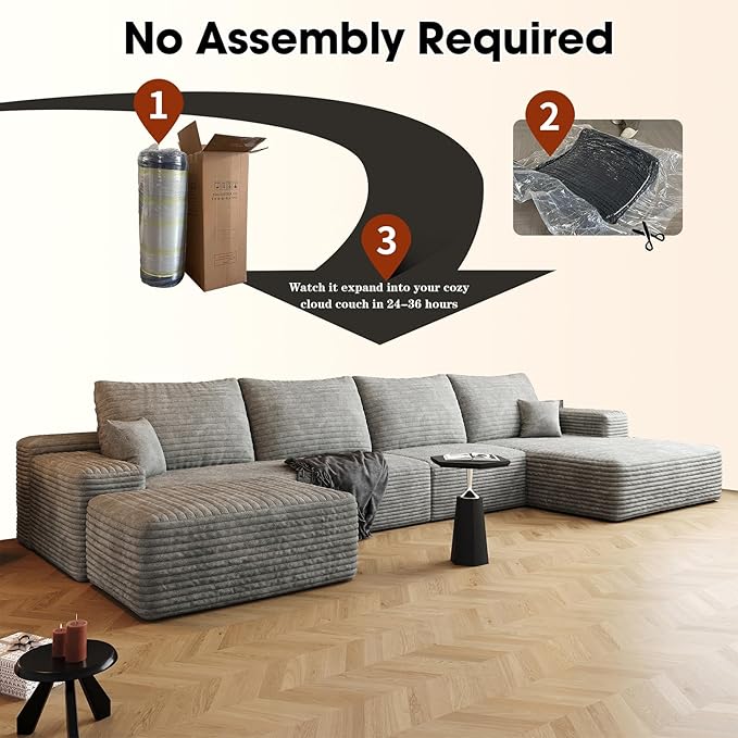 135.4" Oversized Cloud Modular Sectional Sofa, U-Shaped Couches with Ottoman for Living Room, Deep Seat Boneless Couch, 1600lb Weight Capacity, No Assembly Required (Grey, Right Facing Chaise)