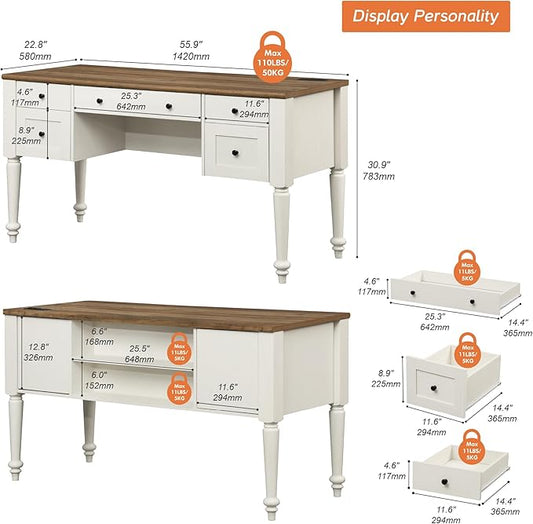 WAMAPT Farmhouse Executive Desk with 5 Drawers, Home Office Desk with Charging Station, Wood Computer Desk with File Cabinet Storage, Door, Open Shelf for Work and Study, White, 55 inch