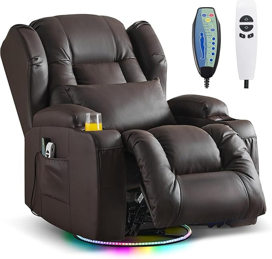 Power Swivel Rocker Recliner Chairs, Electric Wall Hugger Reclining Sofa with Massage & Heat, Comfy Theater Seating Single Sofa with LED Light/USB/Type-C Ports (Leather Brown, Single Chair)