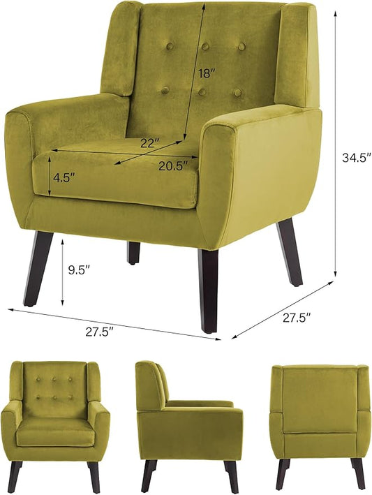 Accent Chair, Mid-Century Modern Velvet Fabric Chairs with Arms for Living Room, Comfy Upholstered Club Single Sofa Armchair for Bedroom Waiting Room with Solid Wood Frame (Velvet Green, Set of 1)