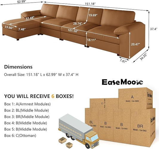 EASE MOOSE Oversized Modular Sectional Sofa,Modern Deep Seat Faux Leather Sectional,Extra Large L Shaped Couch,Comfy Scratch Resistant Material,Brown