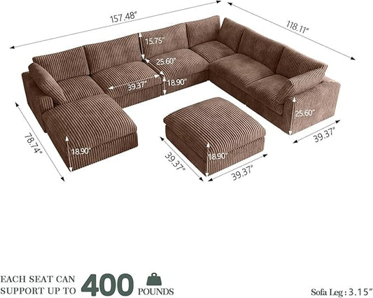 Cloud Modular Sectional Sofa Couch, 8 Seater Oversized Couch, 157.4" U-Shaped Convertible Couches with 2 Ottomans, Deep Sofa Couches for Living Room, Washable & Replaceable Covers, Brown