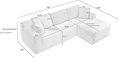 Cloud Sectional Couch, Corduroy Modular Sectional Sofa with L-Shape Chaise, Modern Boneless Couch Comfy Deep Seat for Living Room, Bedroom, Apartment, No Assembly (Black, Right Facing Chaise)