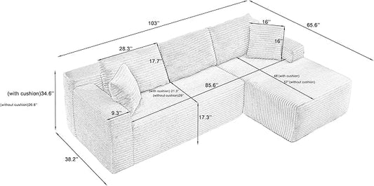 Cloud Sectional Couch, Corduroy Modular Sectional Sofa with L-Shape Chaise, Modern Boneless Couch Comfy Deep Seat for Living Room, Bedroom, Apartment, No Assembly (Black, Right Facing Chaise)