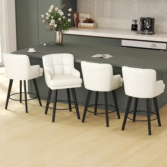 360°Swivel Counter Height Bar Stools with Back, 26 inch Solid Wood Legs, Bar Stool Modern Kitchen Island Chairs, Faux Leather (Beige- Faux Leather, 26" H- Set of 4)
