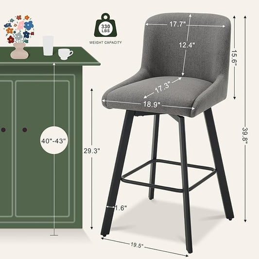 Swivel Bar Stools Set of 3, 30''H Upholstered Barstools with Backs, Modern Counter Height Bar Stool Chairs for Kitchen Island, Metal Legs, Fabric, Gray Counter Stools