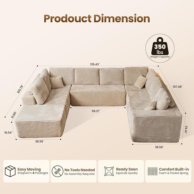 Cloud Sectional Couch with Loveseat, Boneless U-Shaped Cloud Couch with Deep Seat, Soft Plush Modern Minimalist Sofa, Assembly Free Modular Floor Sofa for Office Living Room Apartment, Beige