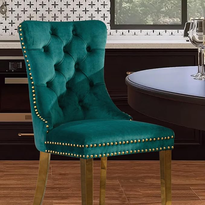 Velvet Upholstered Dining Chairs Set of 6, Modern Style Kitchen Side Chairs with Nailhead Trim and Gold Plated Leg, Metal Pulling Ring for Dining Room Living Room(Green,Set of 6)
