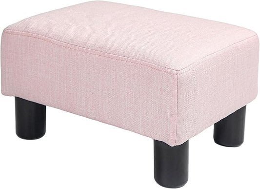HOMCOM Ottoman Foot Rest, Small Foot Stool with Linen Fabric Upholstery and Plastic Legs, Cube Ottoman for Living Room, Pink