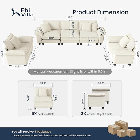 PHI VILLA Cloud Modular Couches Sets, 3 Pieces Sectional Sofa Set with Single Sofa, 5-Seater Upholstered Couch for Living Room Small Spaces, Chenille Corduroy Dual Fabric, Beige