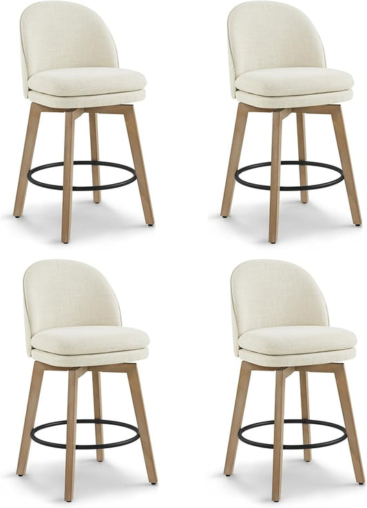 Counter Height Barstools 26 inch Upholstered Swivel Bar Stools with Back and Wood Legs for Kitchen Island,Set of 4,Linen Fabric-Armless