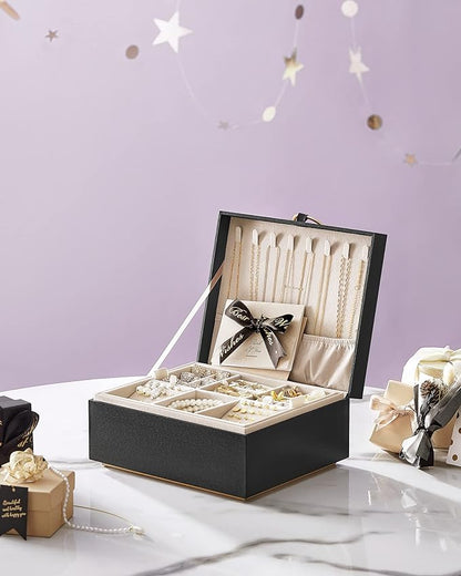 SONGMICS 2-Layer Jewelry Box, Jewelry Organizer with Handle, Removable Jewelry Tray, Jewelry Storage, Floating Effect, 8.1 x 9.4 x 4.3 Inches, Christmas Gift, Black UJBC165B01
