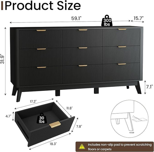SUNWAVE Fluted 9 Drawer Dresser for Bedroom, 59.1" Wide Modern Large Dresser with Round Corner, Wood Drawer TV Stand for Living Room
