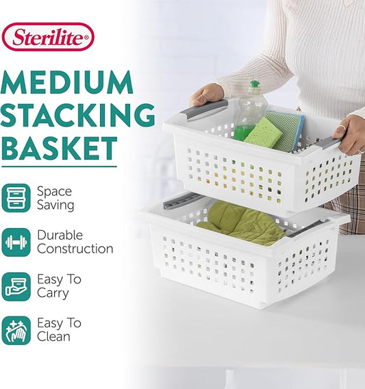 Sterilite 10-Pack Medium Stacking Basket, Open Top Plastic Storage Organizer, White - Stackable Crate Containers for Countertop, Cabinet, Pantry Shelf, Laundry Room, Bathroom & Home Office