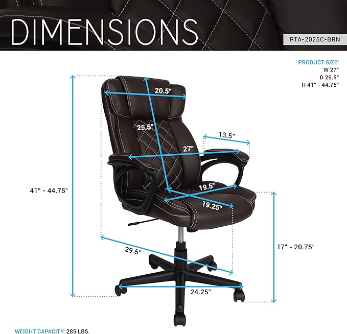 Techni Mobili Ergonomic Executive Office Chair, High Back, Adjustable Height, Lumbar Support, Diamond-Stitched Padding, Swivel Desk Chair with Armrests & Tilt Recline for Home Office or Work (Brown)