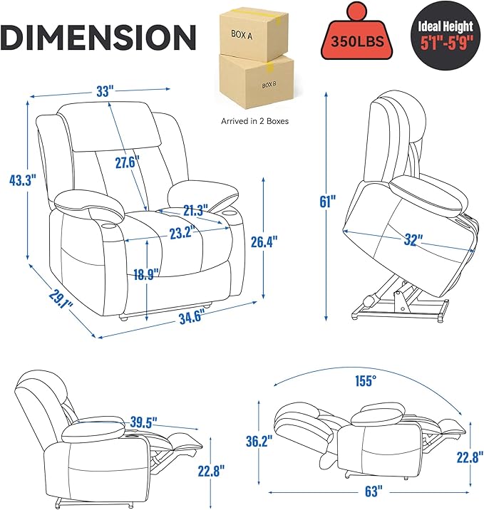 Power Lift Recliner Chair, 350lb Capacity with 8-Point Massage & Heating, USB/Type-C Ports & Cup Holders, Heavy Duty Chenille Recliner for Elderly, Grey