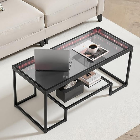 VEVOR Coffee Table, Modern Tempered Glass Coffee Table with Lighting, 2 Tiers Rectangle Glass Center Desk with Open Storage, Minimalist Metal Accent End Desk for Living Room, Office, Easy Assembly