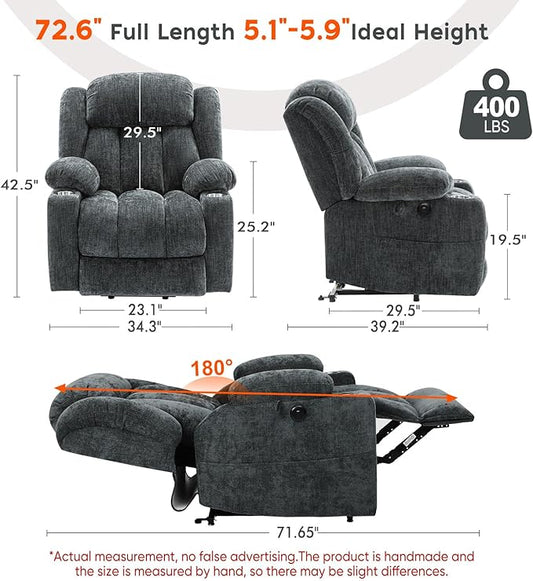 ABCASA Large Dual Motor Lay Flat Power Lift Recliner Chair for Elderly with Heat ＆ Massage, Comfortable Chenille Recliner, Cup Holder, Side Pocket,USB-A ＆ C Ports, Gray Blue