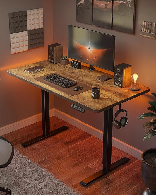 FEZIBO One-Piece Standing Desk Adjustable Height Stand up Home Office Desk, 48x24 Inch Electric Standing Computer Desk, with 4 Memory Presets, Headphone Hook, Rustic Brown