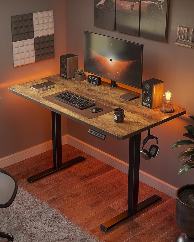 FEZIBO One-Piece Standing Desk Adjustable Height Stand up Home Office Desk, 40x24 Inch Electric Standing Computer Desk, with 4 Memory Presets, Headphone Hook, Rustic Brown