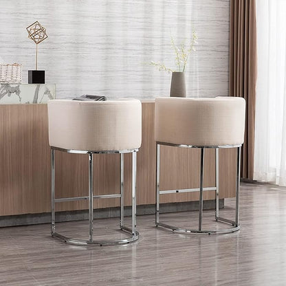 Contemporary Linen Bar Stools Set of 4, 29" Upholstered Fabric Counter Height Barstools Kitchen Counter Island Stools with Screwed Together Chrome Finish Base, Cream