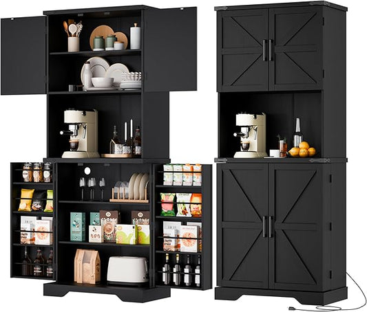 Cozy Castle 74" Farmhouse Pantry Cabinet with Charging Station, Tall Kitchen Storage Hutch Cabinet Coffee Bar Workstation, Sideboard Buffet Cupboard for Dining Room Living Room Furniture, Black