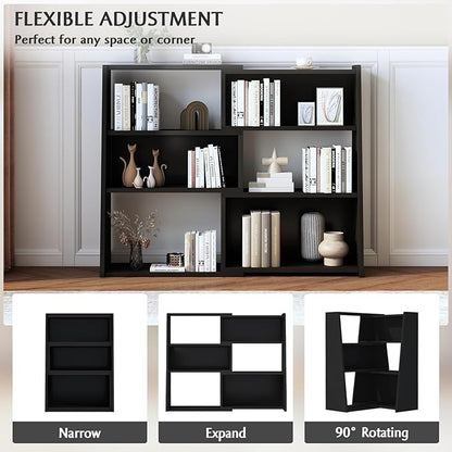 IOTXY Wooden Extendable Shelf Bookcase - 3-Tier Ladder Low Short Bookshelf for Small Space or Corner, Black, S