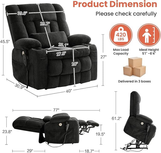 Power Lift Recliner Chair for Adults Oversized Infinite Position Lift Chair for Elderly W/Massage & Heat, Lay Flat Recliner, One-Touch Reset, Cup Holders, Lumbar Pillow, Fabric (Premium, Dark Grey)