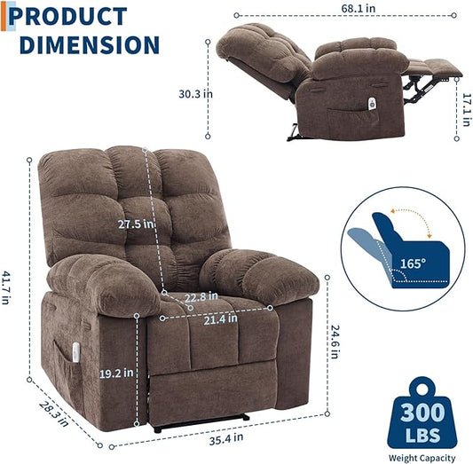 Recliner Rocking Chair with Massage and Heat, Wide Overstuffed Ergonomic Fabric Recliner with Breathable Upholstery, 2 Side Pockets & Remote Control for Living Room or Bedroom