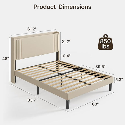 Gizoon Queen Bed Frame with Charging Station and LED Lights,Upholstered Wingback Platform Bed with Wooden Slats,Noise-Free,No Box Spring Needed