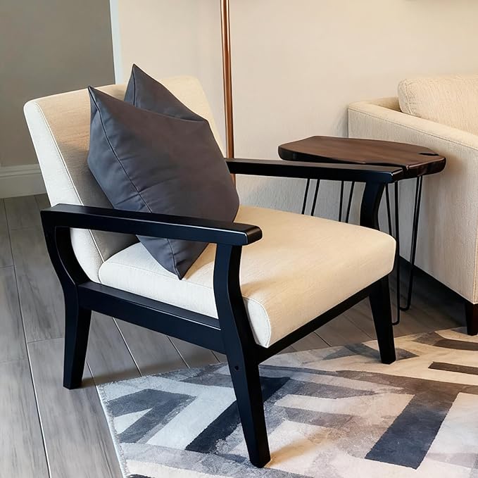 HNY Mid Century Armchair with Black Wood Frames, Linen Upholstered Living Room Arm Chair, for Living Room, Bedroom, Ivory