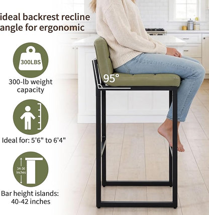 Bar Stools Set of 3, Modern Tall Counter Height Barstools with Back and Thickened Metal Legs, 30" Faux Leather Bar Chairs for Kitchen Island, Bar, Counter (Avocado Green, 3Pcs 30" Bar Stools)