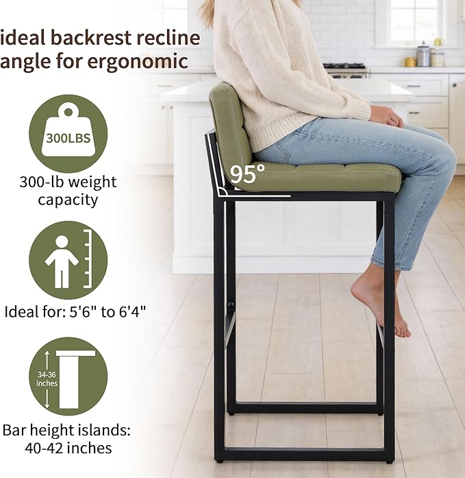 Set of 4 Bar Stools, Upholstered Bar Height Barstools with Low Back and Thickened Metal Frame, Modern Tall Bar Chairs for Kitchen Island, Bar, Counter (Avocado Green, 4Pcs 30" Bar Stools)