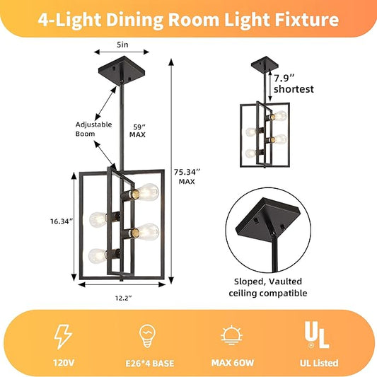 Black Chandelier Light Fixture Modern: 4-Light Farmhouse Kitchen Island Lighting, Geometric Dining Room Light Fixtures, Rustic Industrial Entryway Pendant Lights, for Living Room, Bedroom, Foyer