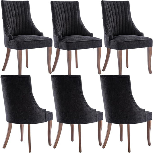 mikibama Linen Dining Chairs Set of 6 Channel Tufted Kitchen Dinner Chair Comfy Fabric Upholstered Accent Chair for Dining Room with Solid Wood Legs (Black 6pc)