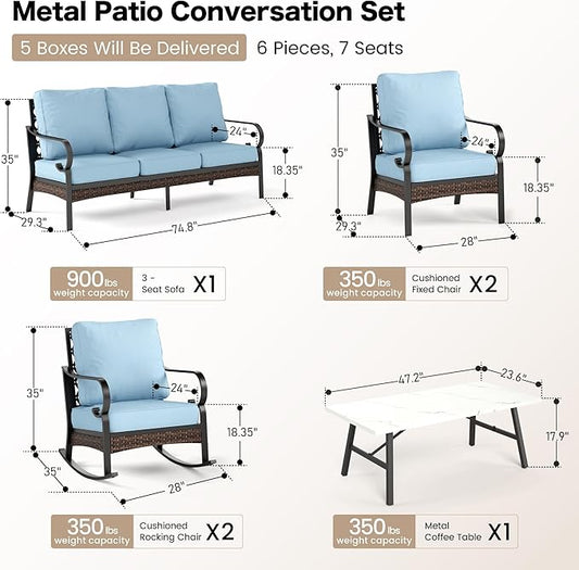 6 Piece Metal Outdoor Patio Furniture Set, 1 3-Seater & 2 Fixed Sofa, 2 Rocking Sofa with 5.75" Thick Cushion & Coffee Table - Black & Blue