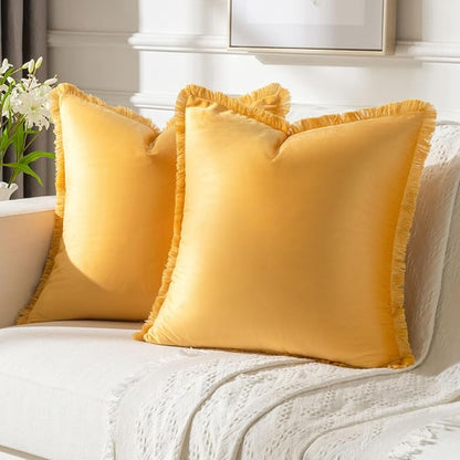 FUTEI Orange Velvet Decorative Throw Pillow Covers 22x22 Set of 2,Soft Cozy Edge with Tassels Cushion Case,Boho Modern Home Decor for Couch Bed Living Room