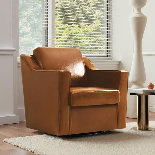UIXE Faux Leather Swivel Accent Chair, Upholstered Arm Chair for Living Room, Modern Club Armchair Comfy Single Sofa Bedroom Reading Seat with Lumbar Pillow - Cognac Brown