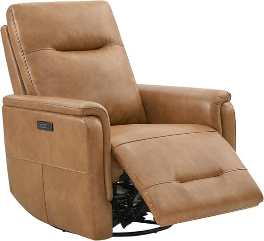 Watson & Whitely Power Recliner Chairs for Adults, Swivel Rocker Recliner W Power Headrest & Type-C Charger for Living Room, Faux Leather, Camel, RC015