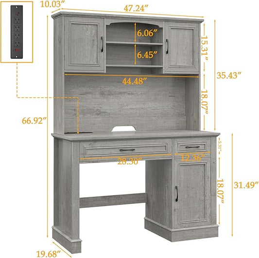 Farmhouse 47" Executive Desk with Hutch, 2 Drawers and LED Light, Computer Desk with Storage Cabinet and Charging Station,Workstation for Home Office and Study.Grey