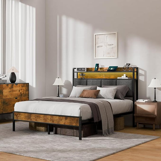 Z-hom Full Bed Frames, Full Bed Frame with 2-Tier Storage Upholstered Headboard, Metal Platform with USB Charging Station & LED Lights, Noise Free, No Box Spring Needed, Easy Assembly, Vintage Brown