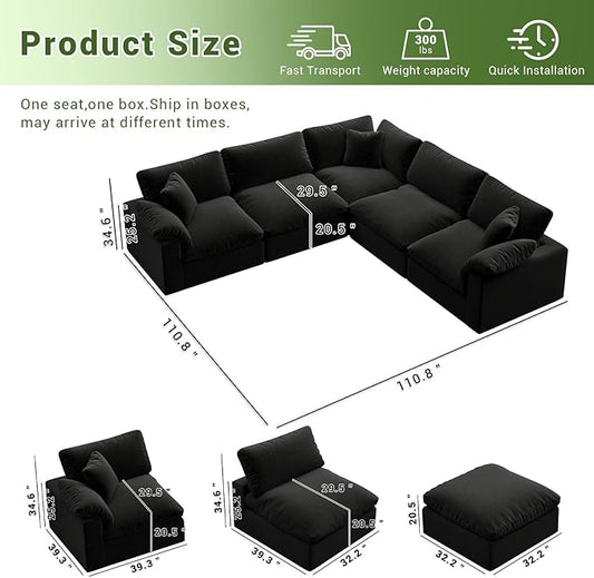 Cloud Modular Sectional Sofa,211.6" Down Filled Sofa 5 Seat with Chaise,Minimalist Sofa Cover Washable and Replaceable Couches for Living Room,Sectional Sofa Deep Seat Black