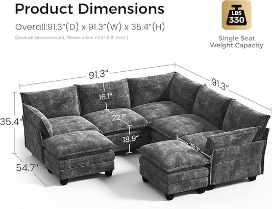 KKL 120" Modular Sectional Sofa, Large V Shape 7 Seater Convertible J/L/U-Shaped Modern Sectional Couch with Ottoman, Chenille Sectional Couches for Living Room, Apartment, Grey