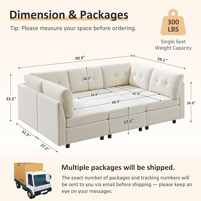 VANOMi 6 Seater Modular Sectional Sofa, Convertible Modular Cloud Sofa Bed with Ottoman, Comfy Chenille Sofas & Couches for Living Room, Apartment, Office, Beige, Sofa Bed